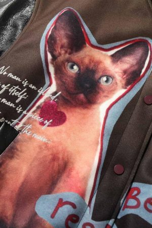 Concert Outfit Siamese Cat Embroidery Leather Bomber Jacket