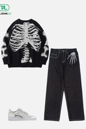 Concert Outfit Skeleton Pattern Knit Sweater