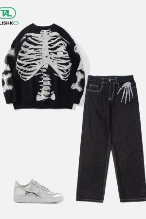 Concert Outfit Skull Bone Embroidery Loose Jeans