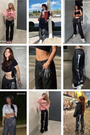 Concert Outfit Skull Bone Embroidery Loose Jeans