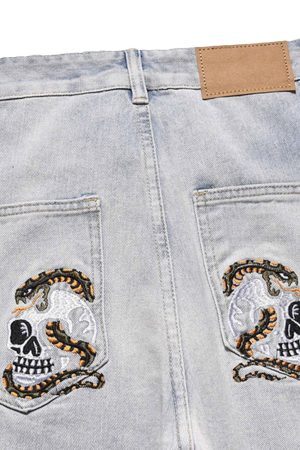 Concert Outfit Skull Flame Monogram Embroidered Slim Fit Jeans