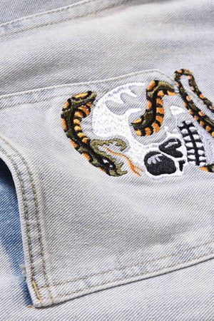Concert Outfit Skull Flame Monogram Embroidered Slim Fit Jeans