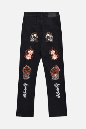 Concert Outfit Skull Flame Monogram Embroidered Slim Fit Jeans