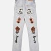 Concert Outfit Skull Flame Monogram Embroidered Slim Fit Jeans