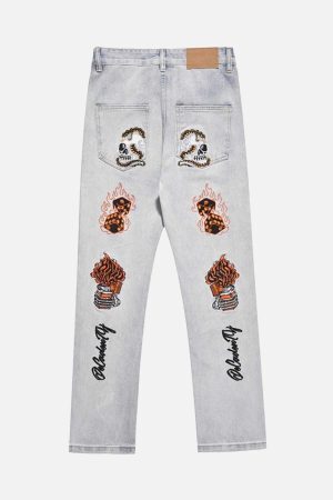 Concert Outfit Skull Flame Monogram Embroidered Slim Fit Jeans