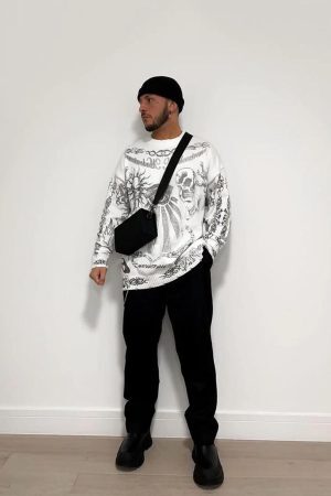 Concert Outfit Skull Print Distressed Sweater
