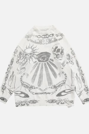 Concert Outfit Skull Print Distressed Sweater