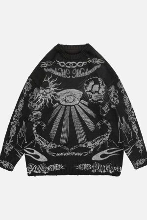 Concert Outfit Skull Print Distressed Sweater
