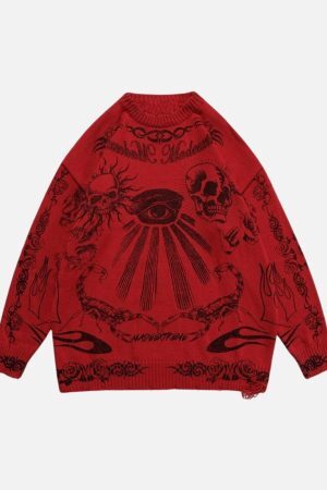Concert Outfit Skull Print Distressed Sweater