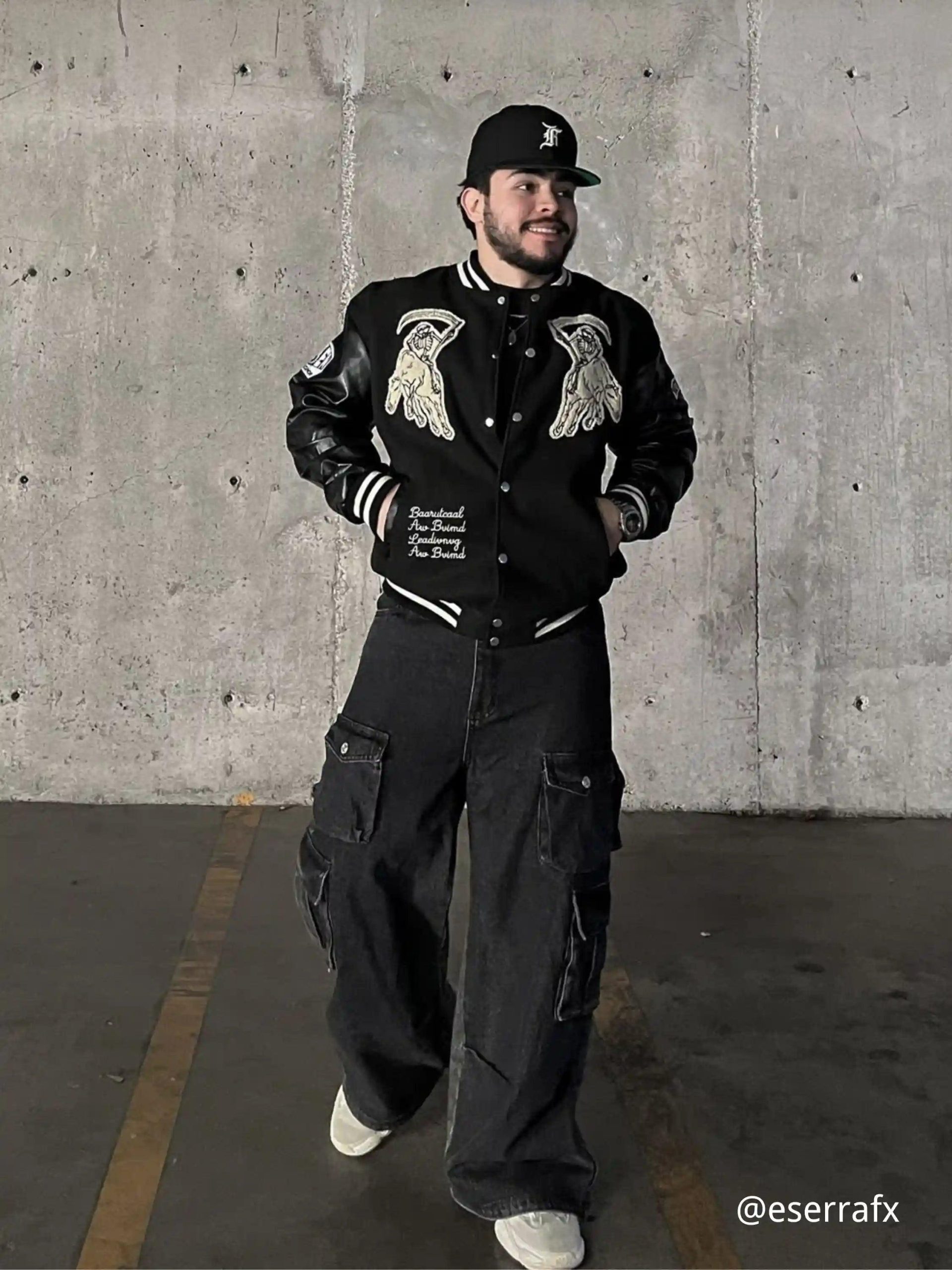 Concert Outfit Skull Sickle Embroidered PU Splicing Jacket Concert Outfit Skull Sickle Embroidered PU Splicing Jacket