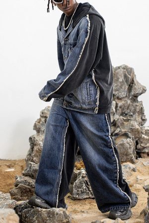 Concert Outfit Slub Cotton Patchwork Frayed Jeans