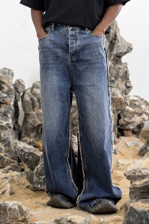 Concert Outfit Slub Cotton Patchwork Frayed Jeans