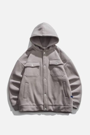 Concert Outfit Solid Color Multi-Pocket Hooded Winter Coat