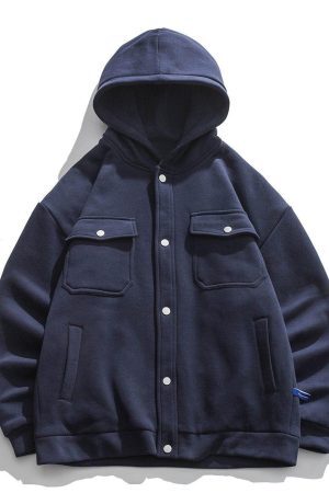 Concert Outfit Solid Color Multi-Pocket Hooded Winter Coat
