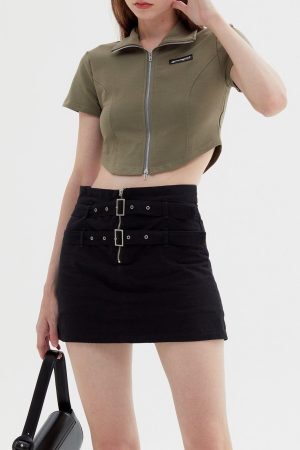 Concert Outfit Solid Zip Up Cropped Tee