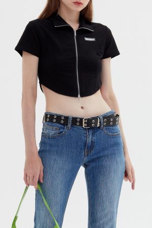 Concert Outfit Solid Zip Up Cropped Tee