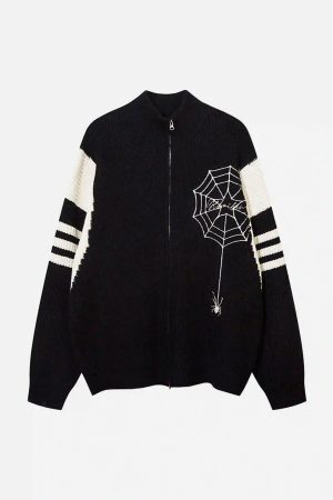 Concert Outfit Spider Web Stand Collar Zip-Up Cardigan