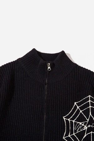 Concert Outfit Spider Web Stand Collar Zip-Up Cardigan