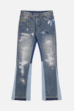 Concert Outfit Splashing Ink Micro Horn Deconstruction Stitching Jeans