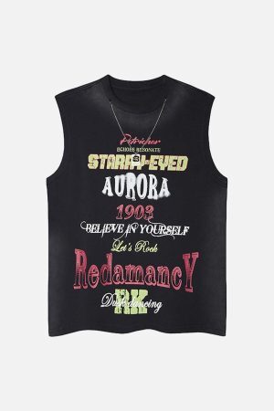 Concert Outfit Spray- Painted Letter Print Necklace Vest