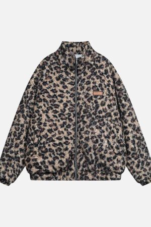 Concert Outfit Stand Collar Cheetah Print Fleece Jacket
