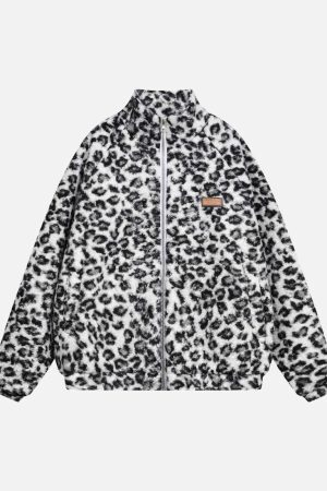 Concert Outfit Stand Collar Cheetah Print Fleece Jacket