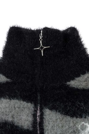 Concert Outfit Stand Collar Striped Zip Up Fleece Sweater