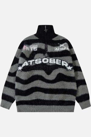 Concert Outfit Stand Collar Striped Zip Up Fleece Sweater