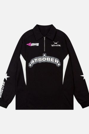 Concert Outfit Star Contrast Color Long Sleeve Quarter Zipper Shirt