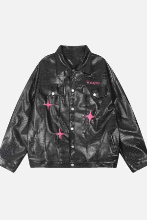 Concert Outfit Star Embroidered PU Leather Jacket