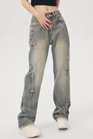 Concert Outfit Star Embroidered Washed Jeans