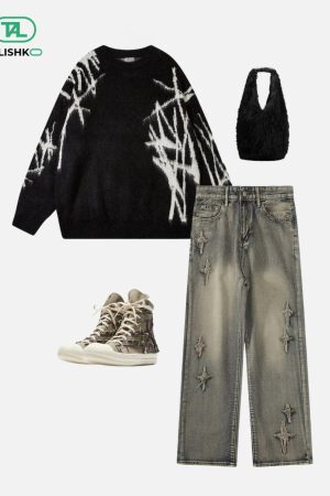 Concert Outfit Star Embroidered Washed Jeans