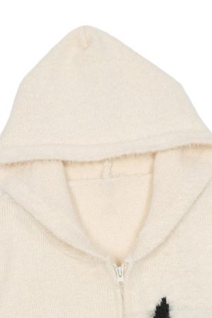 Concert Outfit Star Knit Hooded Zip Up Cardigan Sweater