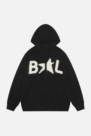 Concert Outfit Star Knit Hooded Zip Up Cardigan Sweater