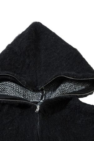 Concert Outfit Star Mohair Fuzzy Hooded Zip Up Sweater