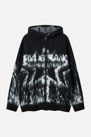 Concert Outfit Star Mohair Fuzzy Hooded Zip Up Sweater