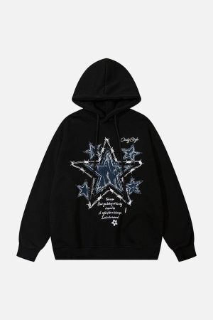 Concert Outfit Star Patch Embroidered Hooded Fleece Sweatshirt