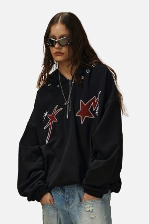 Concert Outfit Star Patchwork Half-Zip Hoodie