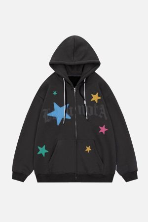 Concert Outfit Star Print Fleece Zip Hoodie