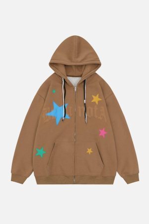 Concert Outfit Star Print Fleece Zip Hoodie