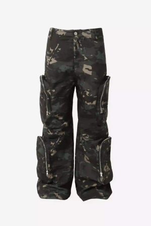 Concert Outfit Street Dark Camouflage Zipper Cargo Pants