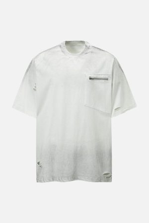 Concert Outfit Street Dirty-Dye Distressed Cut Pocket T-Shirt