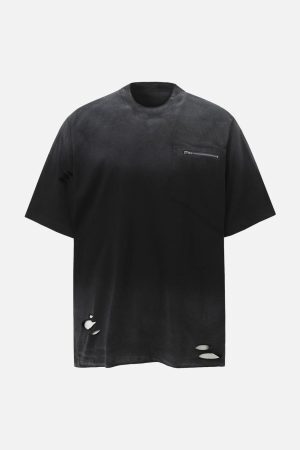 Concert Outfit Street Dirty-Dye Distressed Cut Pocket T-Shirt