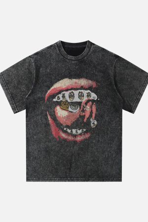 Concert Outfit Street Retro Washed Lip Print T-Shirt