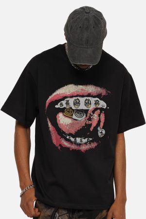 Concert Outfit Street Retro Washed Lip Print T-Shirt