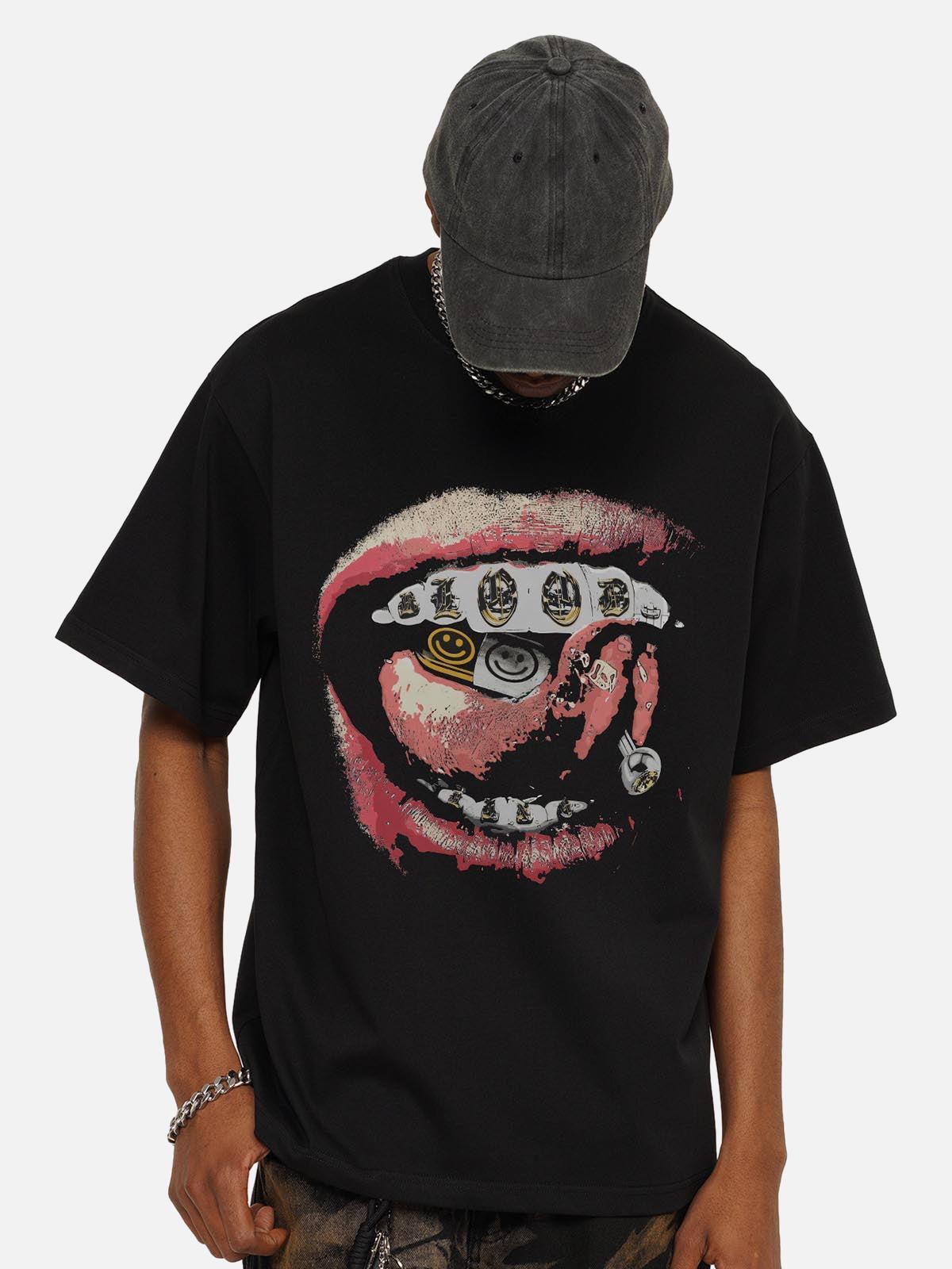 Concert Outfit Street Retro Washed Lip Print T-Shirt Concert Outfit Street Retro Washed Lip Print T-Shirt
