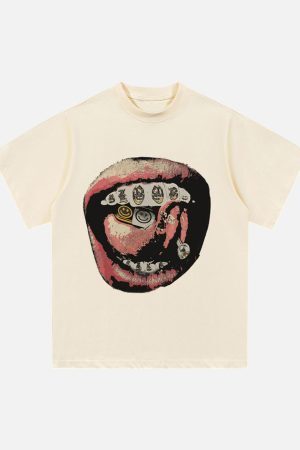 Concert Outfit Street Retro Washed Lip Print T-Shirt