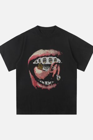 Concert Outfit Street Retro Washed Lip Print T-Shirt