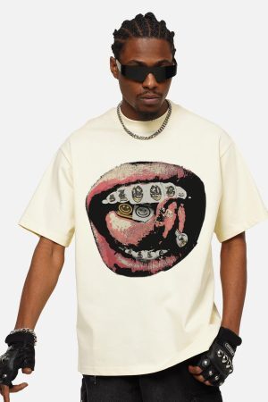 Concert Outfit Street Retro Washed Lip Print T-Shirt