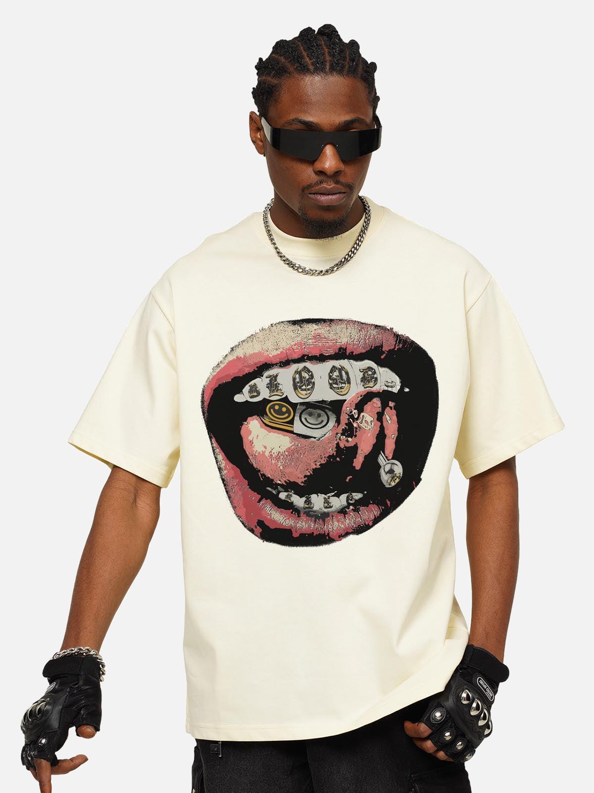 Concert Outfit Street Retro Washed Lip Print T-Shirt Concert Outfit Street Retro Washed Lip Print T-Shirt